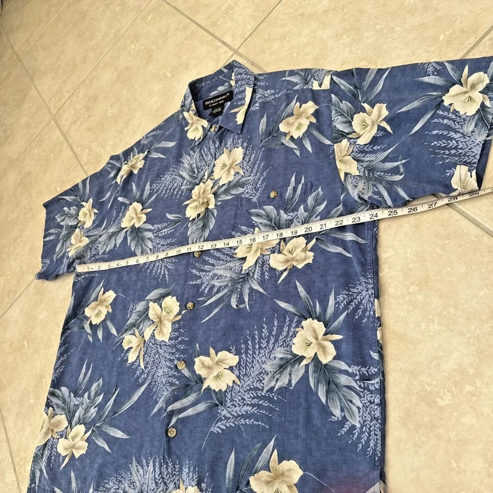 Vintage Ono & Company by Liberty House Sz L Hawaiian Camp Shirt Silk Blue Floral